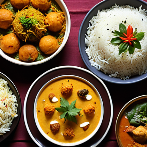 Home 4 **Image Prompt:** A vibrant and diverse spread of Bengali cuisine dishes beautifully arranged, highlighting popular items like Biryani, Roshogolla, and various curries. Close-up shot with appetizing textures and lighting, emphasizing freshness and deliciousness. The setting implies a festive Bengali celebration like Pohela Boishakh. Focus on visual appeal to entice users to order.