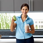 **

A professional woman in a modest business casual outfit, holding a protein shake in a modern kitchen. Background includes healthy foods like fruits and vegetables. Fully clothed, appropriate attire, safe for work. Perfect anatomy, correct proportions, natural pose, well-formed hands, proper finger count, natural body proportions. High quality, professional photography, family-friendly.

**