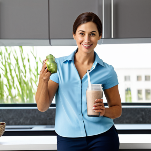 **

A professional woman in a modest business casual outfit, holding a protein shake in a modern kitchen. Background includes healthy foods like fruits and vegetables. Fully clothed, appropriate attire, safe for work. Perfect anatomy, correct proportions, natural pose, well-formed hands, proper finger count, natural body proportions. High quality, professional photography, family-friendly.

**