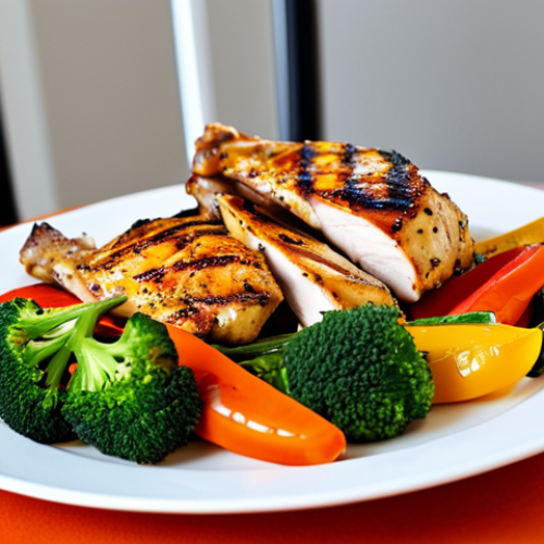 **

A plate of perfectly cooked grilled chicken with vibrant grill marks, surrounded by colorful steamed vegetables like broccoli, carrots, and bell peppers. Add a sprinkle of fresh herbs on top. The lighting should be bright and appetizing. Keywords: healthy, protein, grilled chicken, vegetables, nutritious, safe for work, appropriate content, fully clothed, professional, modest.

**