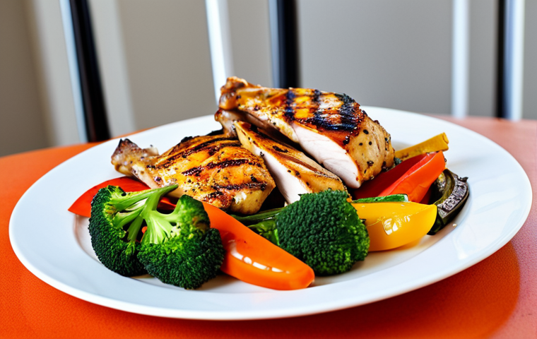 **

A plate of perfectly cooked grilled chicken with vibrant grill marks, surrounded by colorful steamed vegetables like broccoli, carrots, and bell peppers. Add a sprinkle of fresh herbs on top. The lighting should be bright and appetizing. Keywords: healthy, protein, grilled chicken, vegetables, nutritious, safe for work, appropriate content, fully clothed, professional, modest.

**