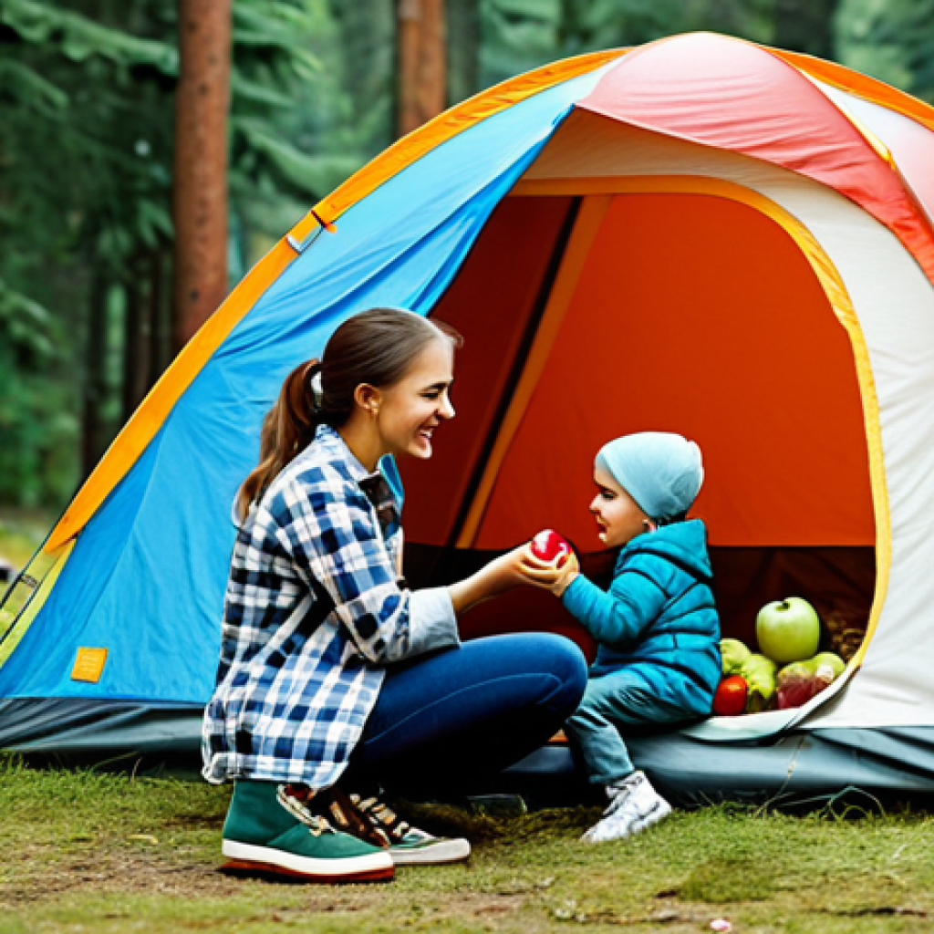 캠핑용 건강 간식 - "A family-friendly scene of a fully clothed woman offering a child an apple while camping, surrounde...
