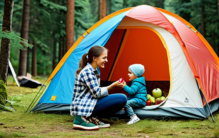 캠핑용 건강 간식 - "A family-friendly scene of a fully clothed woman offering a child an apple while camping, surrounde...