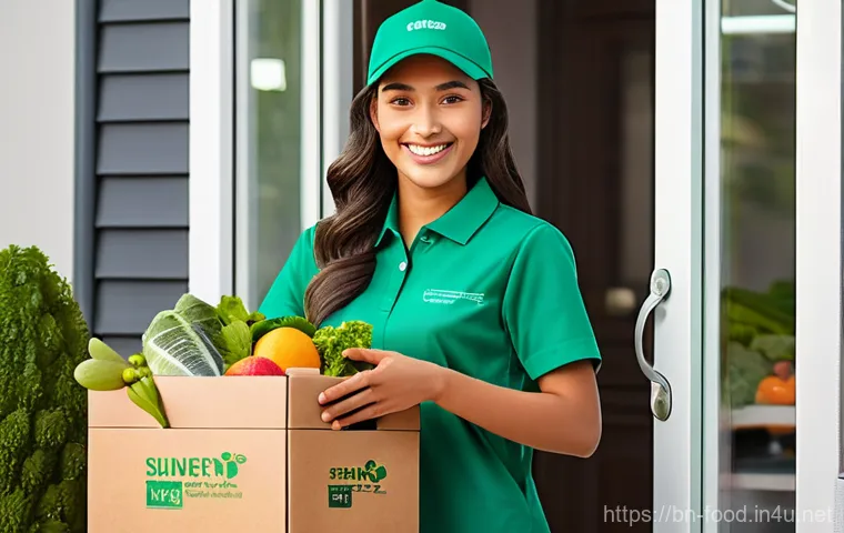 식자재 배송시간과 품질 - **Prompt 1: Fresh & Secure Grocery Delivery**
    A brightly lit, realistic photograph of a friendly...