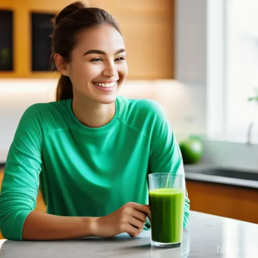 스무디 재료 추천 - **Prompt: "A vibrant, refreshing green detox smoothie held by a radiant young woman in a bright, mod...
