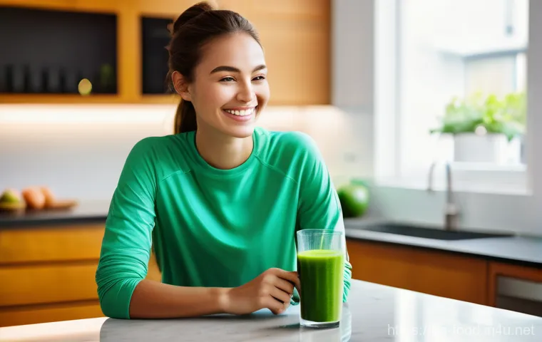 스무디 재료 추천 - **Prompt: "A vibrant, refreshing green detox smoothie held by a radiant young woman in a bright, mod...