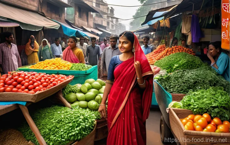 로컬 식자재 구매처 - **Prompt:** A vibrant and authentic morning scene at a local Bengali open-air market, bustling with ...