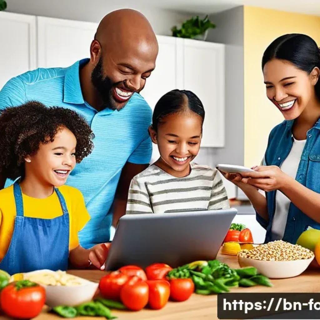 식자재 세트 배송 서비스 - **Prompt:** A vibrant, cheerfully lit modern kitchen scene. A diverse family, including a mother, fa...