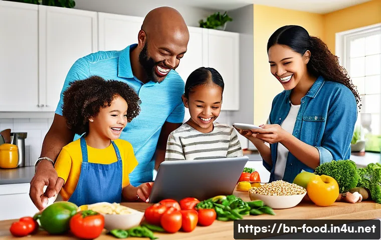 식자재 세트 배송 서비스 - **Prompt:** A vibrant, cheerfully lit modern kitchen scene. A diverse family, including a mother, fa...