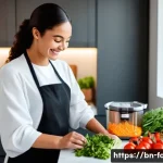 집에서 할 수 있는 건강한 요리 - **Prompt:** A vibrant and well-organized kitchen scene where a person, perhaps a woman in comfortabl...