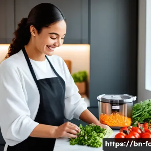 집에서 할 수 있는 건강한 요리 - **Prompt:** A vibrant and well-organized kitchen scene where a person, perhaps a woman in comfortabl...