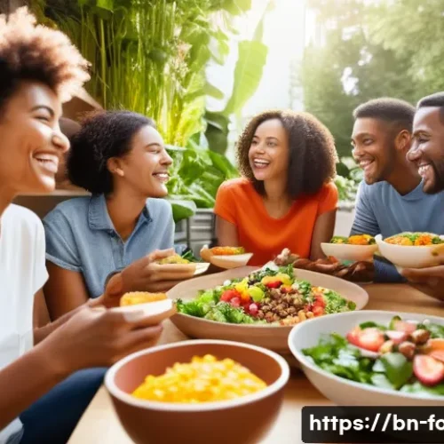 비건 식자재 브랜드 - **Prompt:** A vibrant and dynamic scene depicting a diverse group of adults and young adults (all ap...