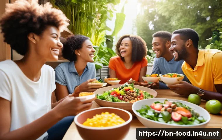 비건 식자재 브랜드 - **Prompt:** A vibrant and dynamic scene depicting a diverse group of adults and young adults (all ap...