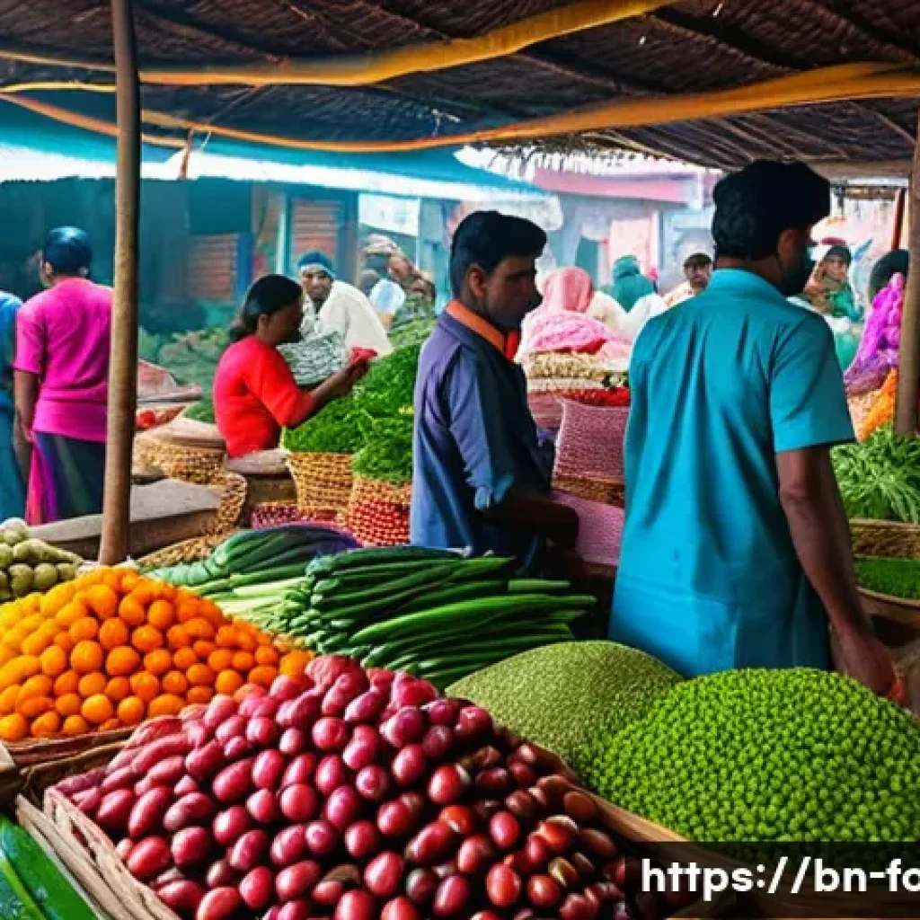 음식 제조 과정의 중요성 - A vibrant local Bengali market scene showing a variety of fresh vegetables and meats displayed with ...