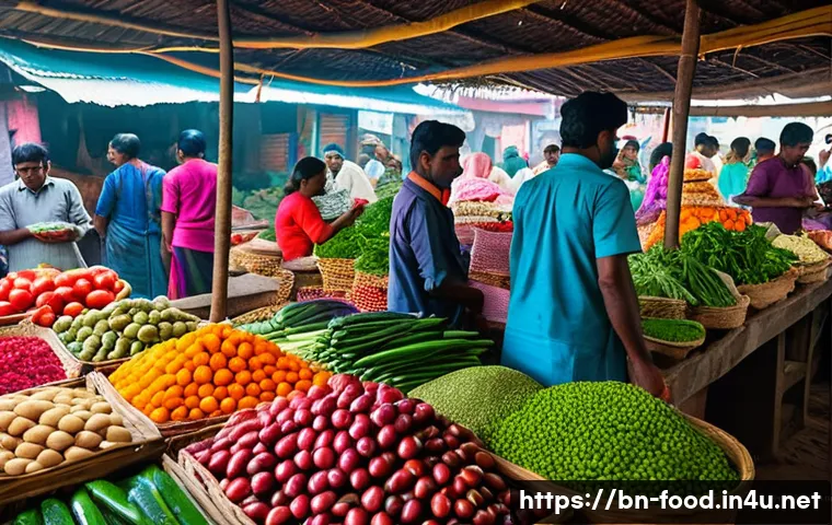음식 제조 과정의 중요성 - A vibrant local Bengali market scene showing a variety of fresh vegetables and meats displayed with ...