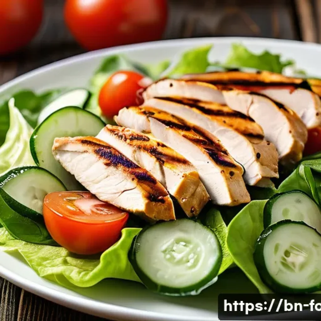 건강한 외식 메뉴 추천 - A vibrant, fresh grilled chicken salad on a rustic wooden table, featuring juicy grilled chicken bre...