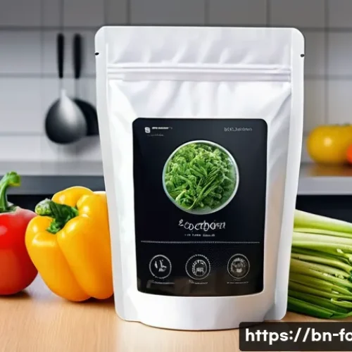 푸드 패키징의 진화 - A high-tech smart food packaging concept showcasing a transparent plastic pouch embedded with temper...