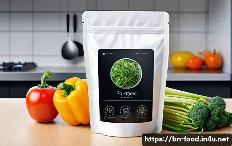 푸드 패키징의 진화 - A high-tech smart food packaging concept showcasing a transparent plastic pouch embedded with temper...