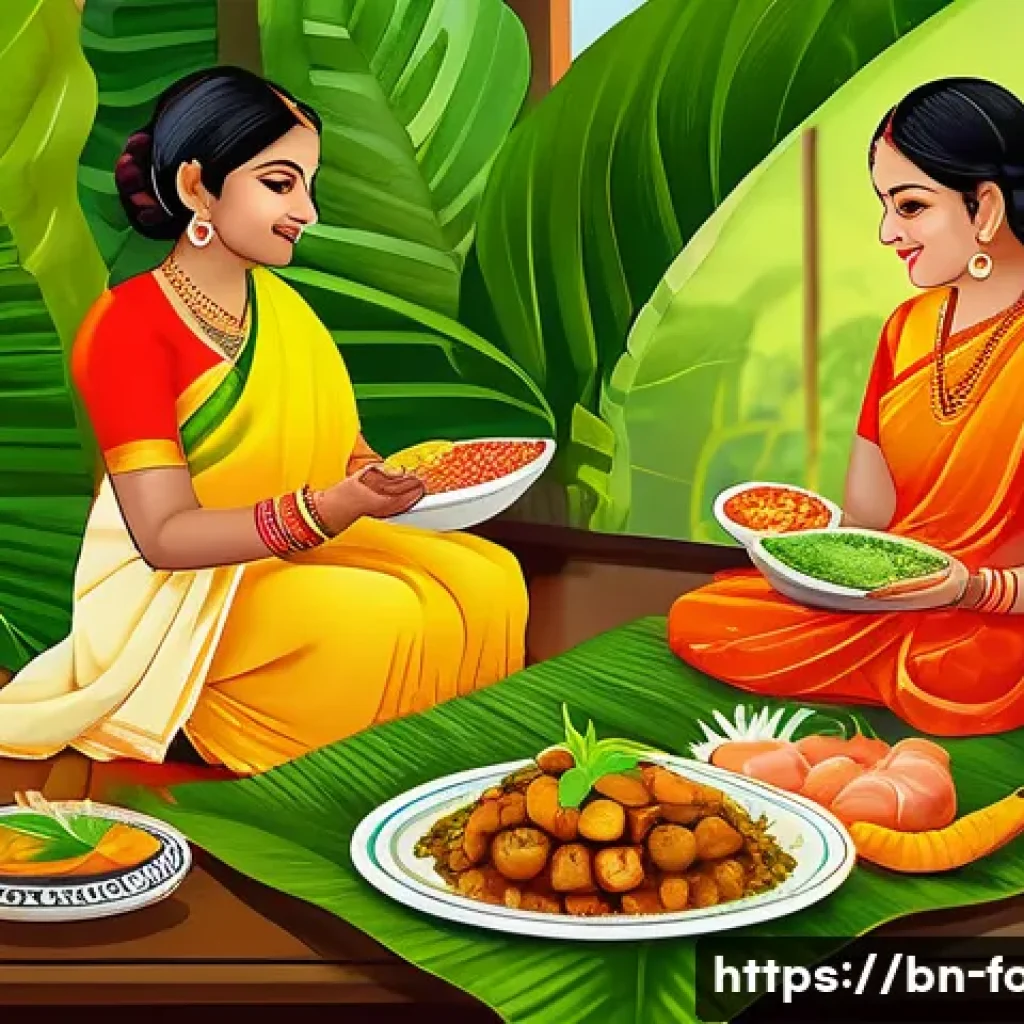 영양 보충제와 식자재 비교 - A vibrant and detailed illustration of a traditional Bengali family meal scene, featuring fresh natu...