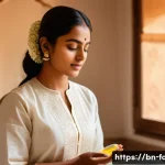 비타민 E가 많은 식자재 - A serene portrait of a young Bengali woman applying vitamin E oil on her glowing, smooth skin in a b...