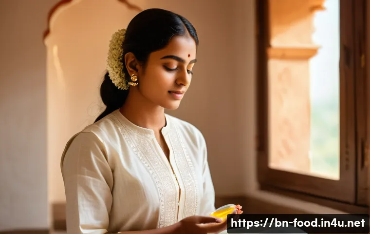 비타민 E가 많은 식자재 - A serene portrait of a young Bengali woman applying vitamin E oil on her glowing, smooth skin in a b...