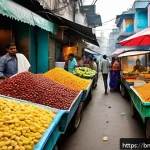 가공식품의 종류와 특징 - A vibrant urban street food market in a Bengali city, showcasing a variety of colorful stalls sellin...
