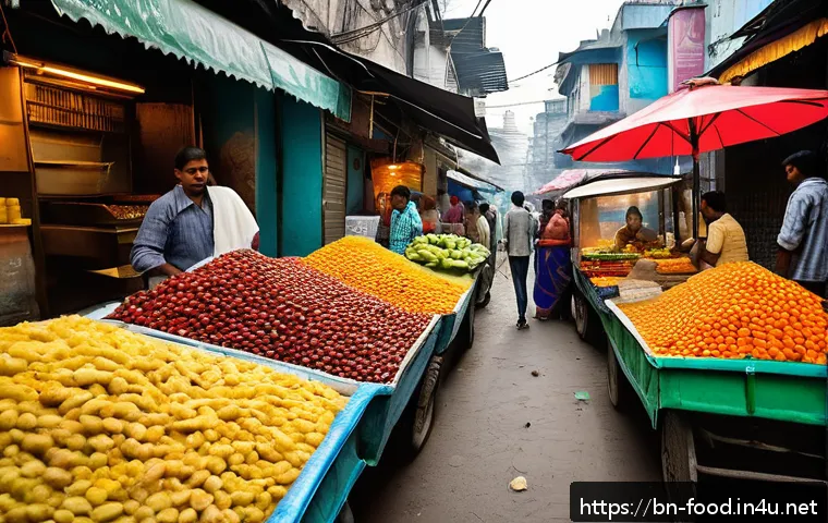 가공식품의 종류와 특징 - A vibrant urban street food market in a Bengali city, showcasing a variety of colorful stalls sellin...