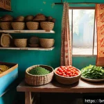 식자재 주기별 구매 방법 - A vibrant and detailed scene of a Bengali household kitchen showcasing a weekly grocery shopping set...