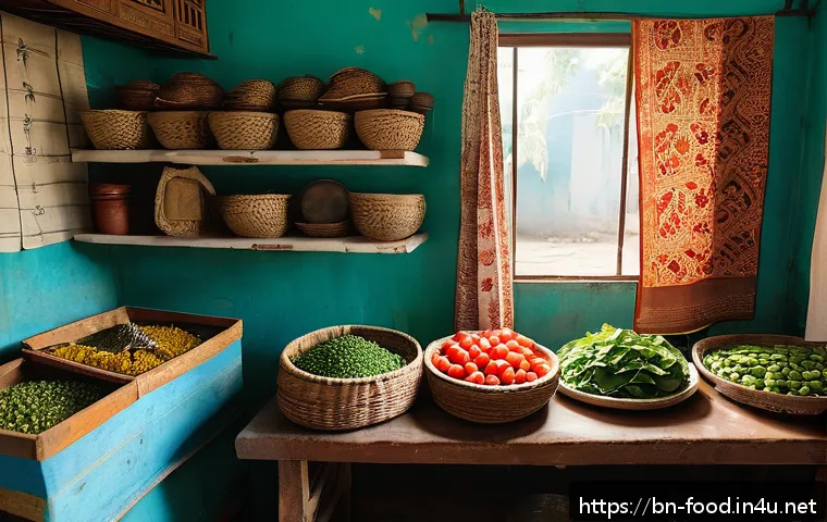 식자재 주기별 구매 방법 - A vibrant and detailed scene of a Bengali household kitchen showcasing a weekly grocery shopping set...