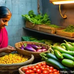 식자재 배송 서비스 비교 - A vibrant and detailed scene of a Bengali kitchen countertop filled with fresh, colorful vegetables ...