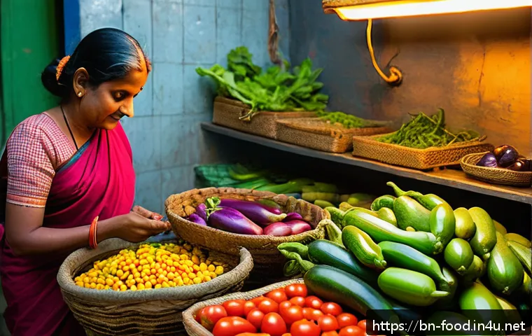 식자재 배송 서비스 비교 - A vibrant and detailed scene of a Bengali kitchen countertop filled with fresh, colorful vegetables ...