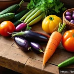 테마별 식자재 추천 - A vibrant, colorful kitchen scene showcasing a variety of fresh, seasonal Bengali vegetables and fru...