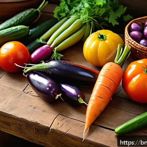 테마별 식자재 추천 - A vibrant, colorful kitchen scene showcasing a variety of fresh, seasonal Bengali vegetables and fru...