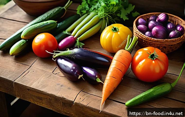 테마별 식자재 추천 - A vibrant, colorful kitchen scene showcasing a variety of fresh, seasonal Bengali vegetables and fru...