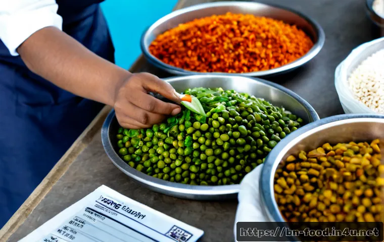 식자재 품질 인증 마크 - Photorealistic close-up of fresh vegetables, fish, rice, lentils, and sealed spice containers neatly...