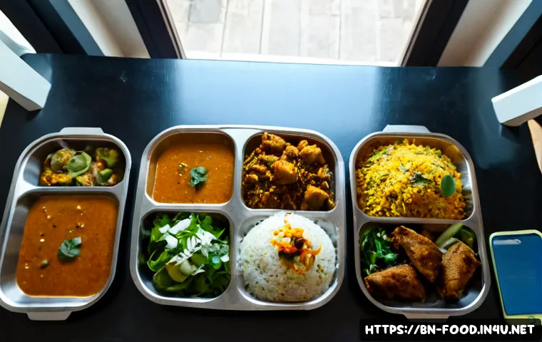 푸드 배달 서비스 리뷰 - Photorealistic overhead view of a Bengali family dining table in a bright Dhaka apartment, neatly ar...